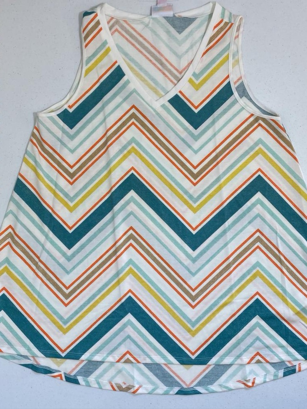 LuLaRoe Kristina Women's V-Neck Chevron Tank Top in Teal, Orange & Yellow